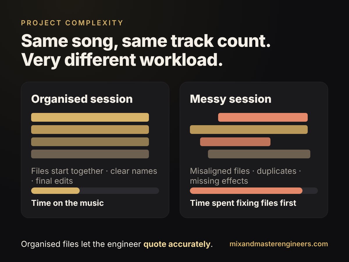 Diagram comparing an organised session with aligned, clearly named files to a messy session with misaligned and duplicate files that takes longer to prepare