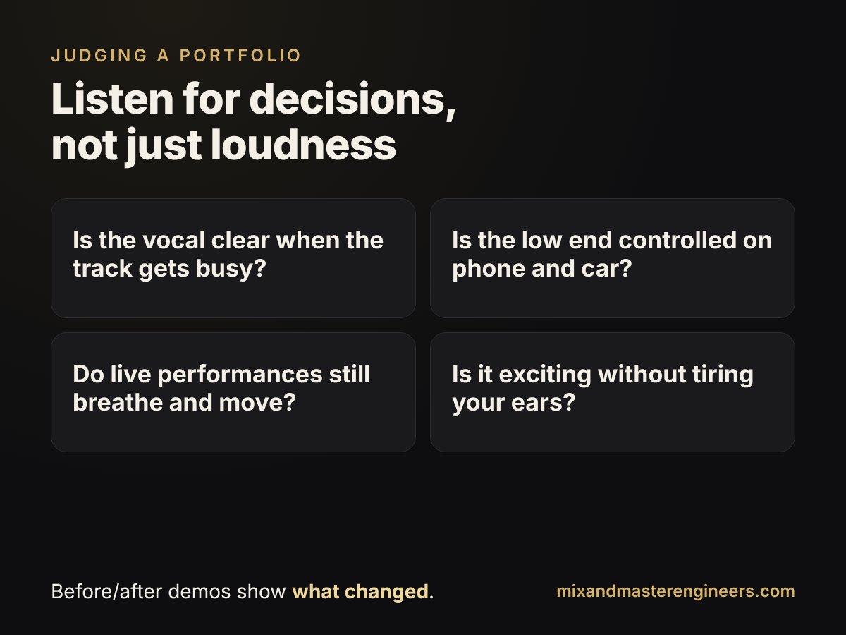 Four questions to ask when listening to an engineer portfolio: vocal clarity in busy sections, controlled low end, natural movement in live performances, and excitement without listener fatigue