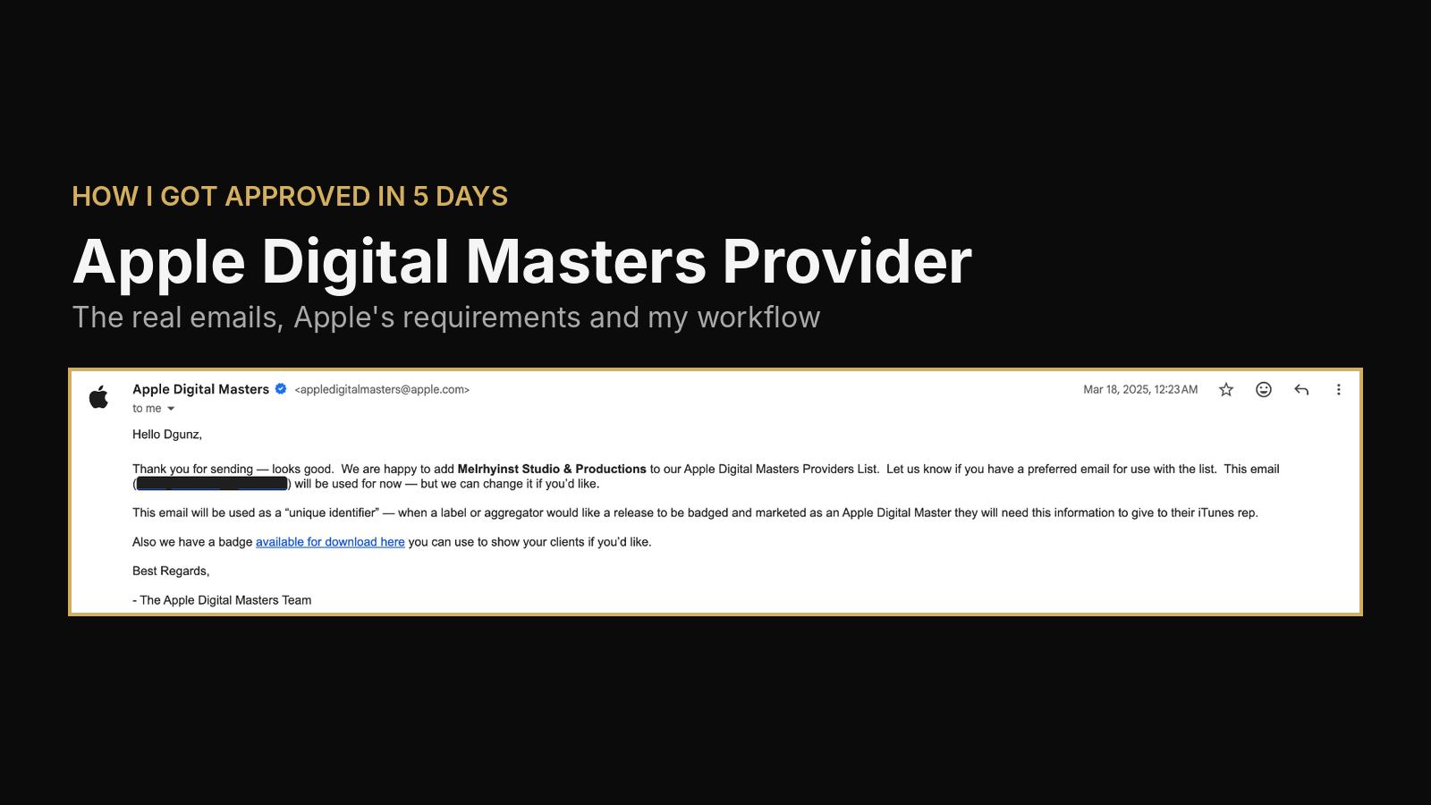 Apple's approval email adding DGUNZ's studio to the Apple Digital Masters Providers List, March 2025