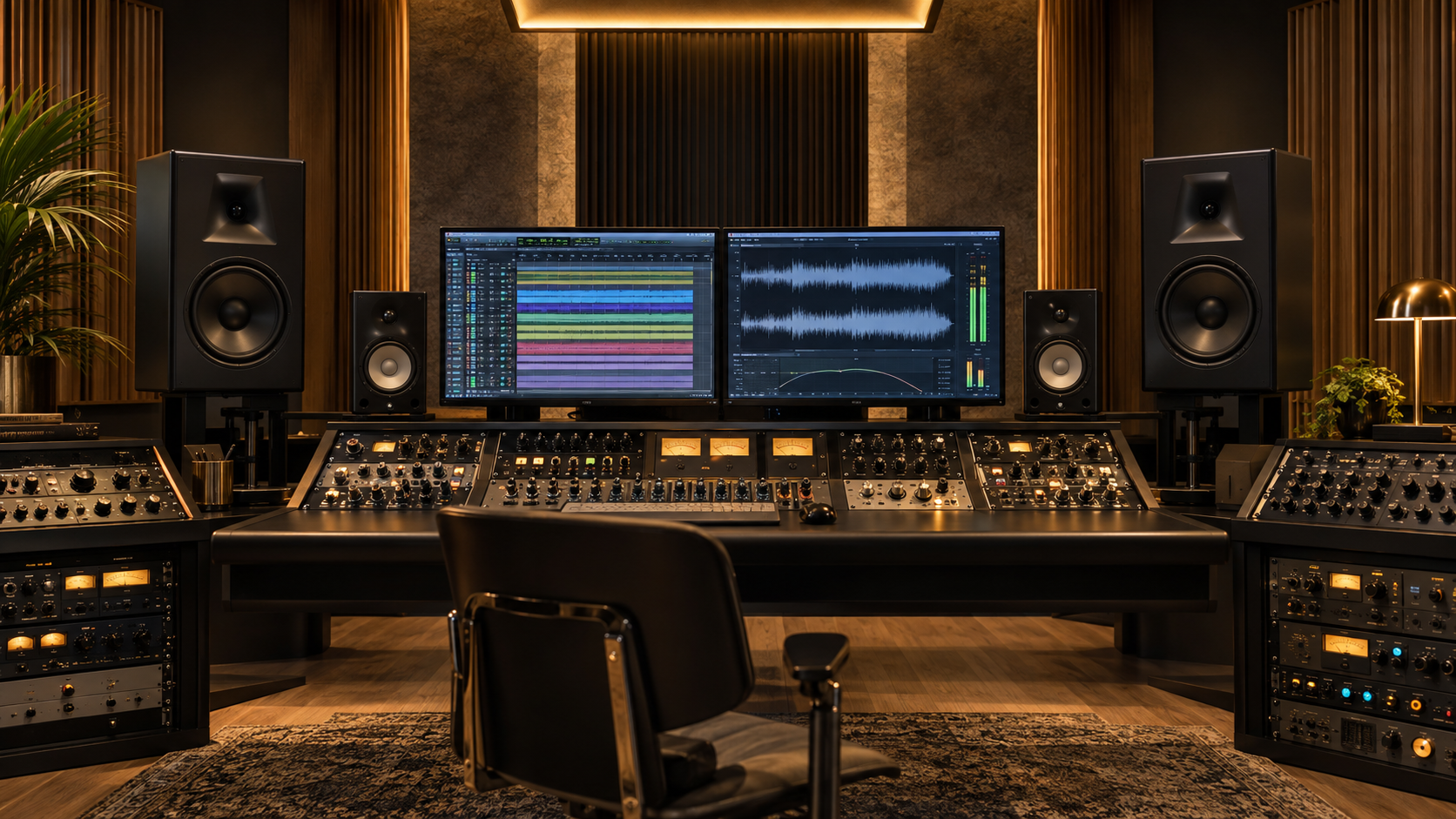 Premium mastering studio with a large console and multitrack and stereo waveforms on the display.