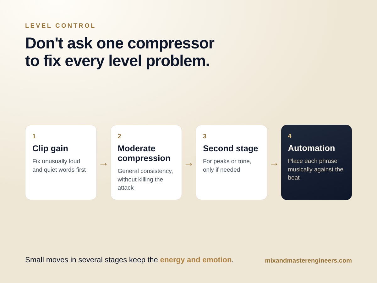 Diagram: control rap vocal level in four stages – clip gain, moderate compression, an optional second stage, then automation