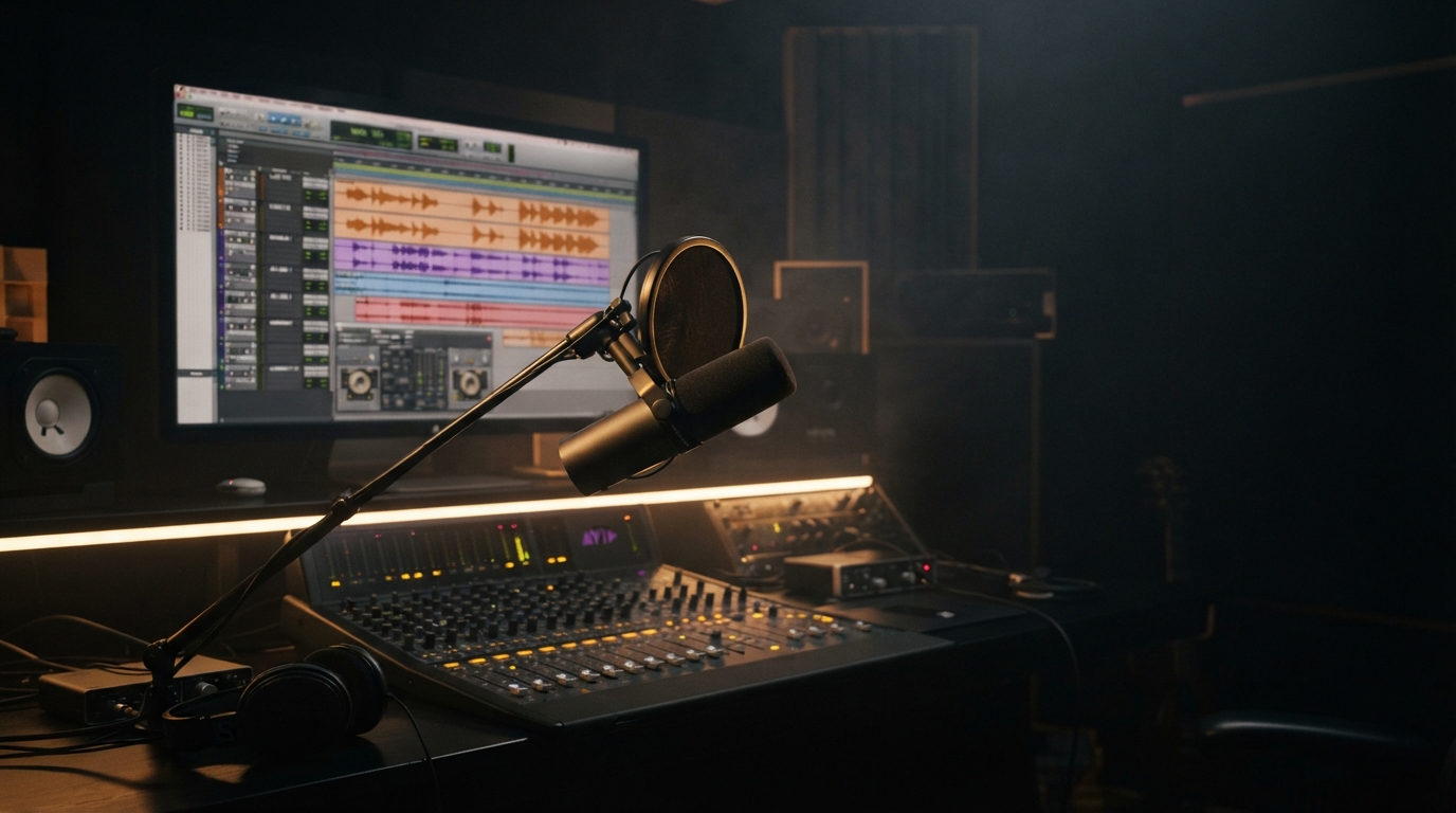 Studio microphone in a dark recording studio with hip-hop vocal tracks on screen