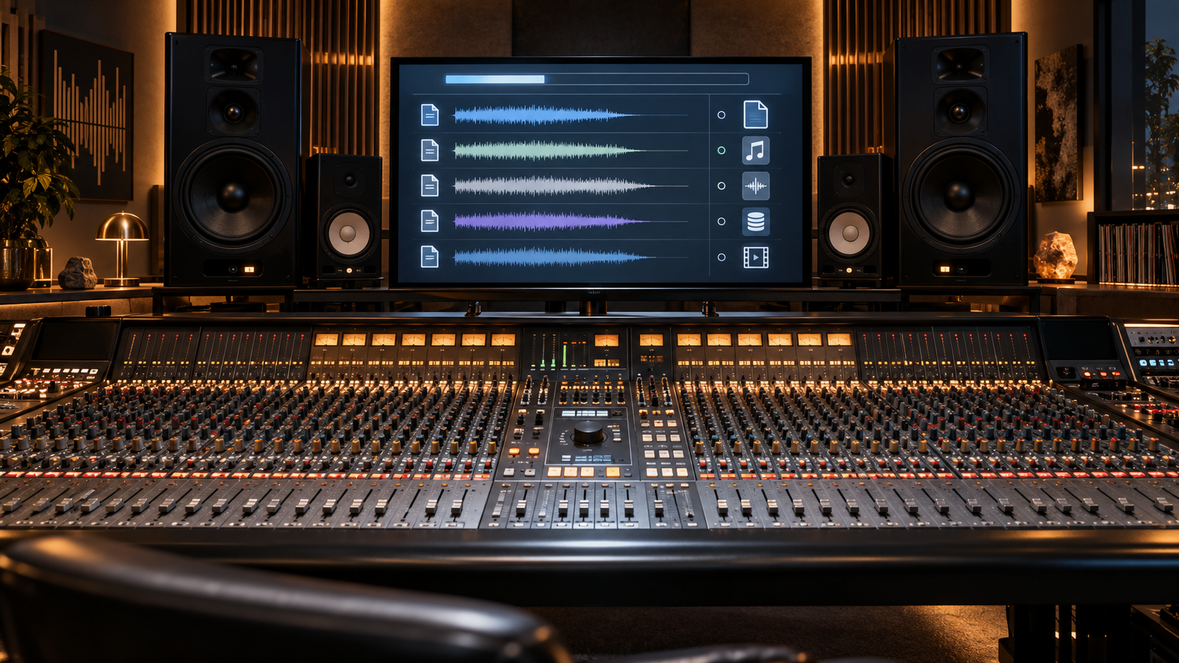 Premium studio console with organised audio deliverables and waveform files shown on the main display.