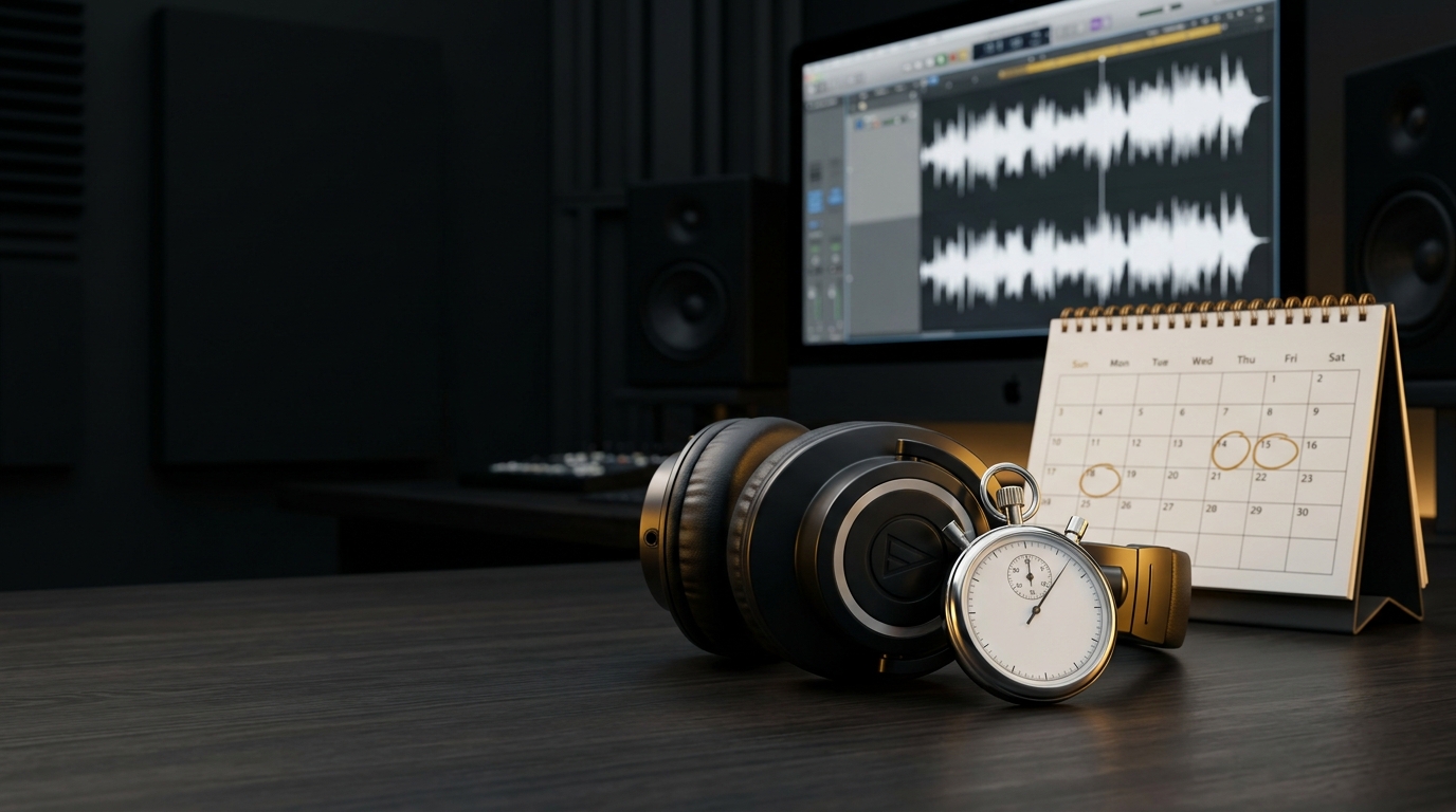 Studio headphones, a stopwatch and a release calendar on a mixing desk