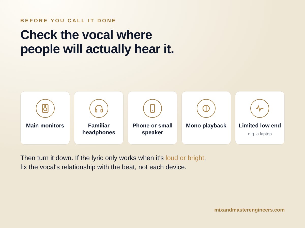 Diagram: check the vocal on main monitors, familiar headphones, a phone or small speaker, mono playback and a system with limited low end, then at a quiet level