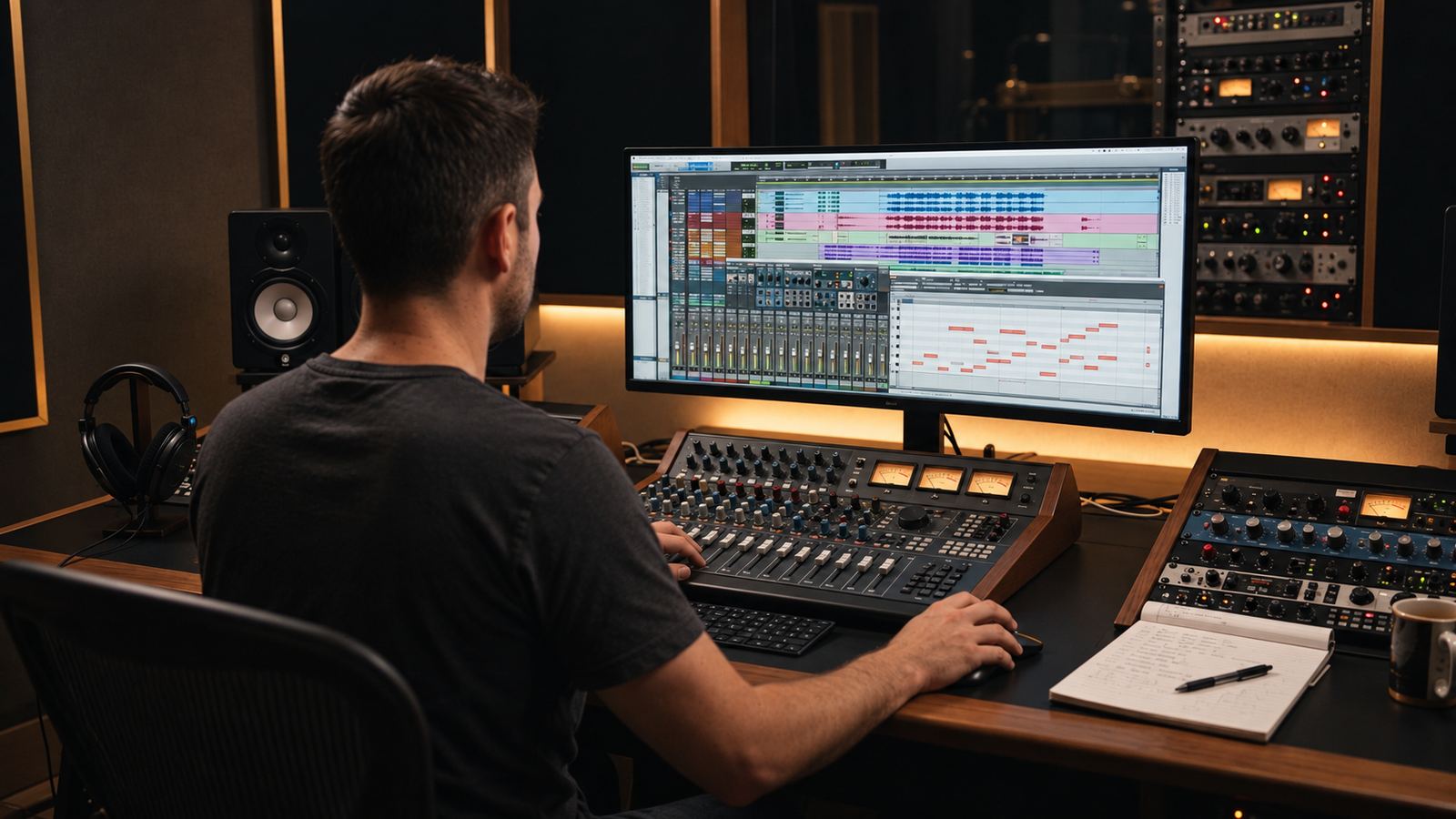 Mixing engineer at a studio console working on a multitrack session with vocal pitch correction on screen