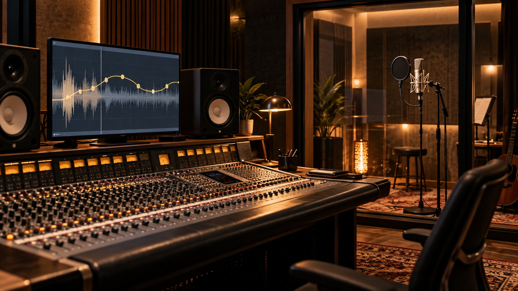 Premium vocal production studio with a console, microphone booth and a pitch curve on the display.