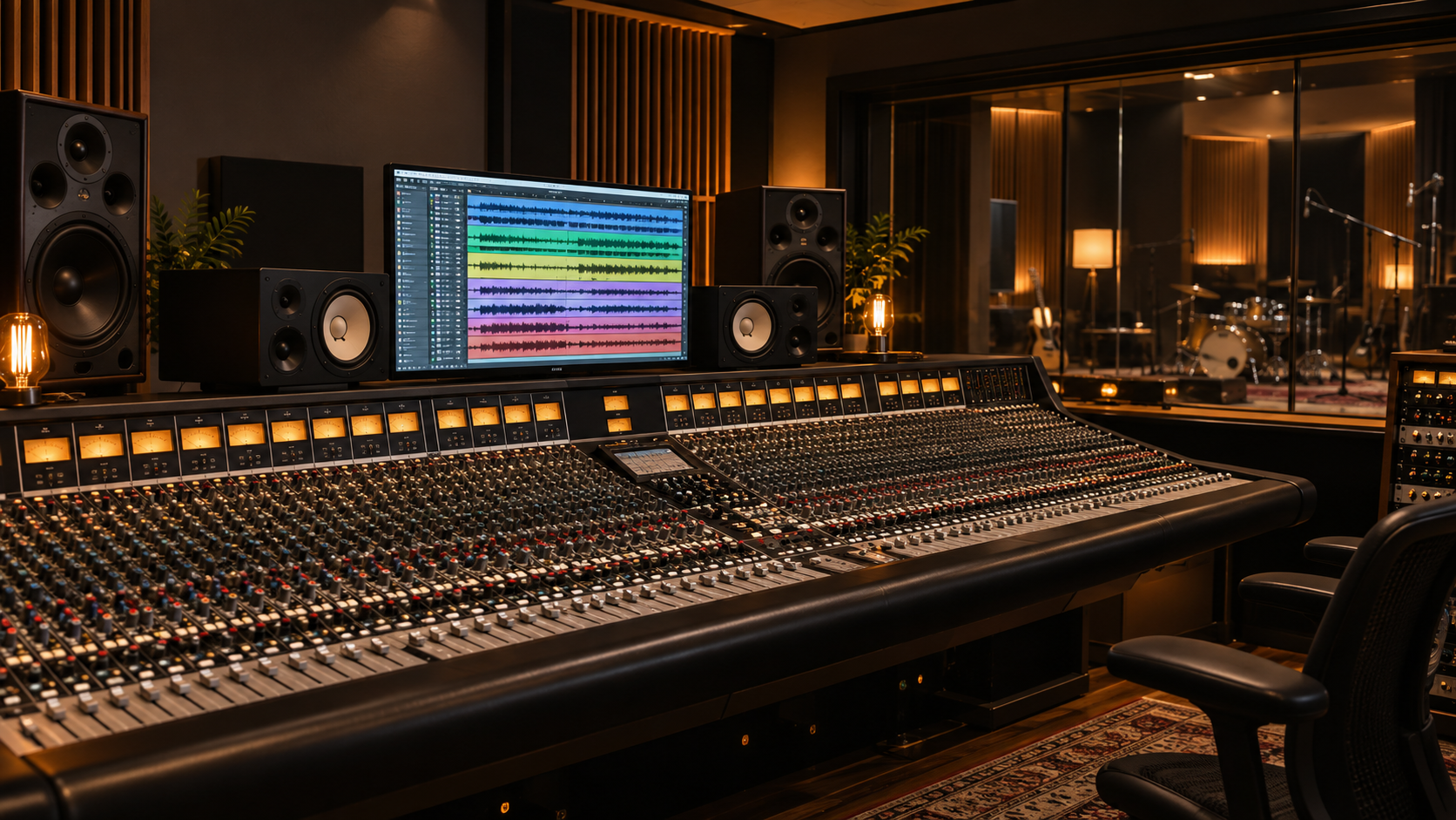 Premium recording studio mixing console with an organised multitrack session displayed on screen.