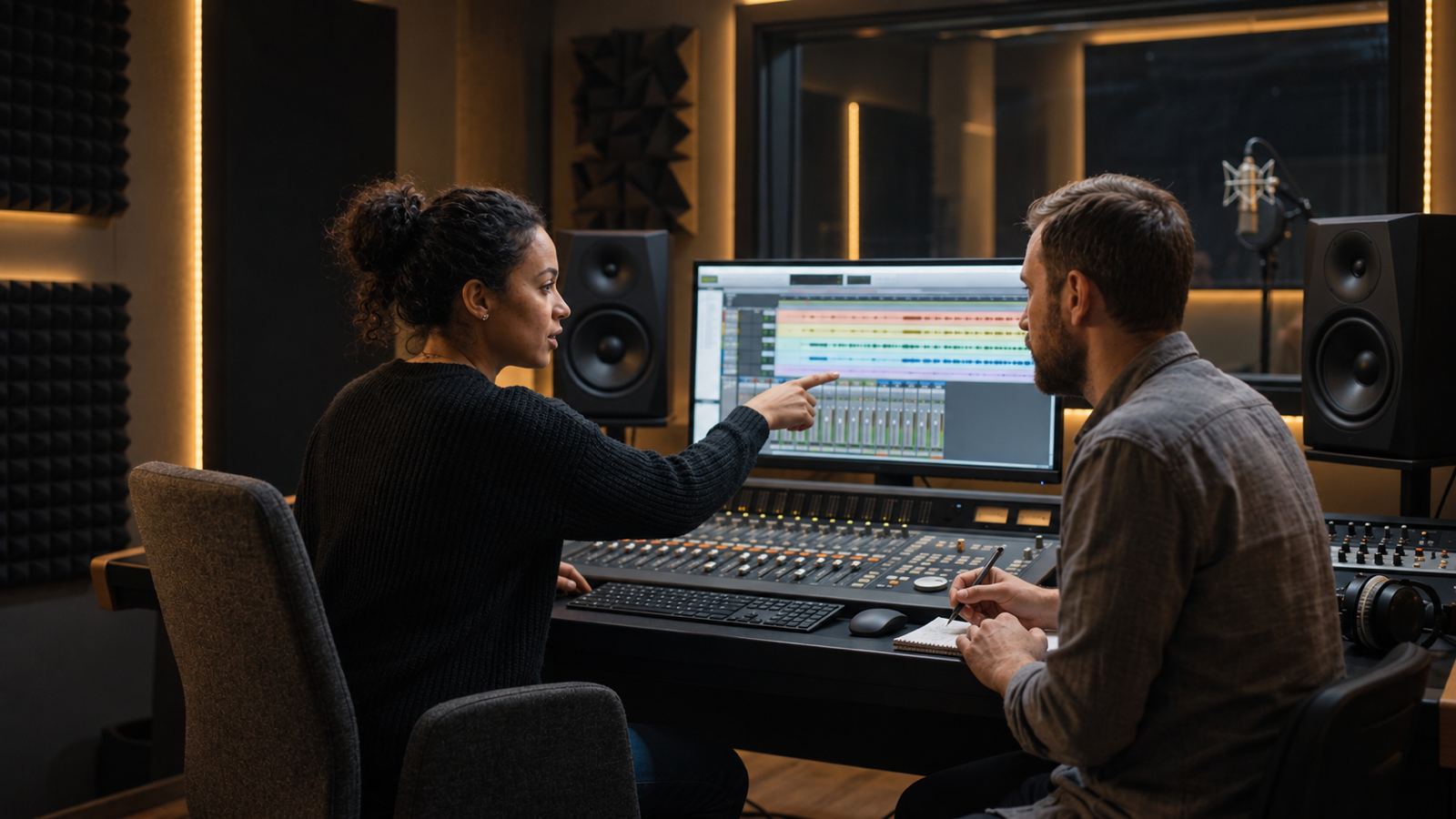 Recording artist pointing at a mix on screen while the mixing engineer takes notes at the studio console