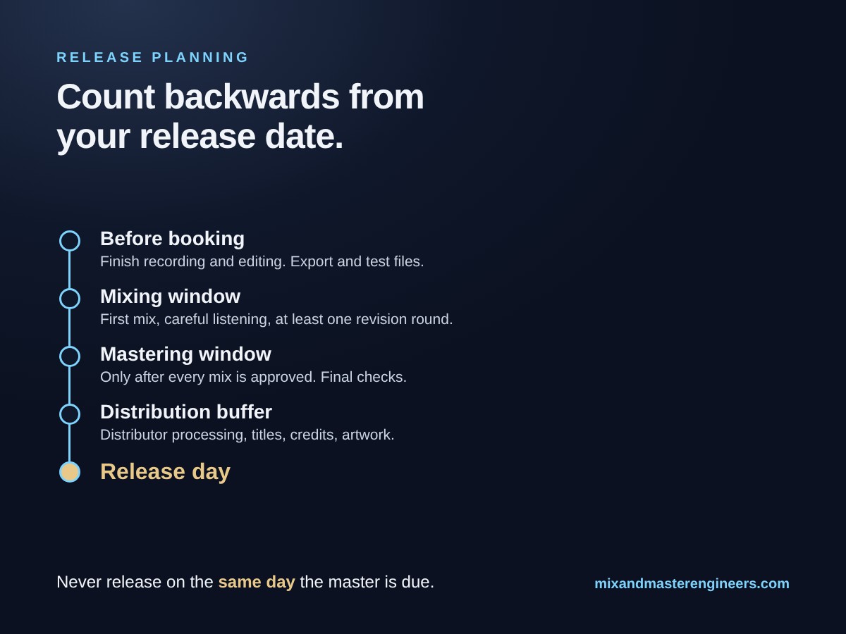 Timeline: plan backwards from release day – before booking, mixing window, mastering window, distribution buffer, release day
