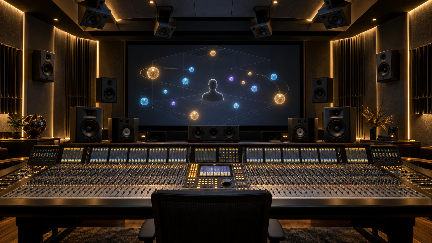 Premium immersive mixing studio with a large console, overhead speakers and a spatial audio display.