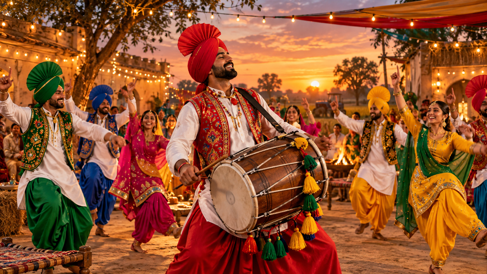 Punjabi dhol player leading Bhangra dancers at a colourful outdoor celebration
