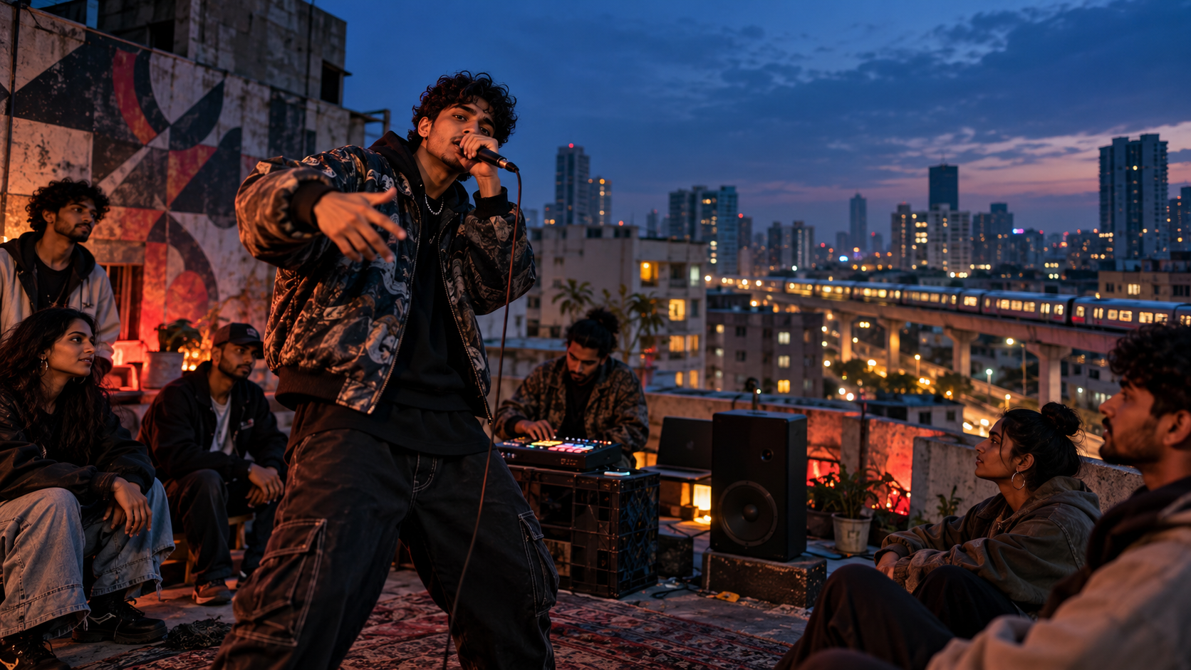 South Asian rapper performing during a rooftop hip-hop cypher above a modern city