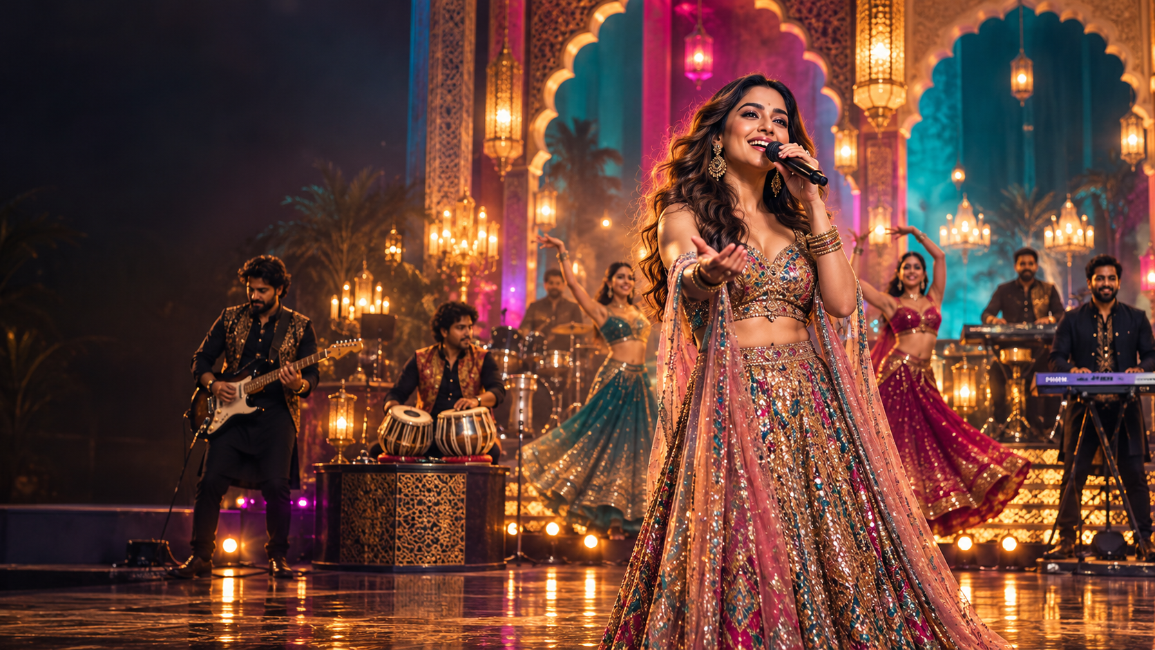 Indian pop vocalist performing on a colourful cinematic Bollywood music stage